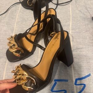 BAMBOO Black Block Heel Sandals with Gold Chain Accent